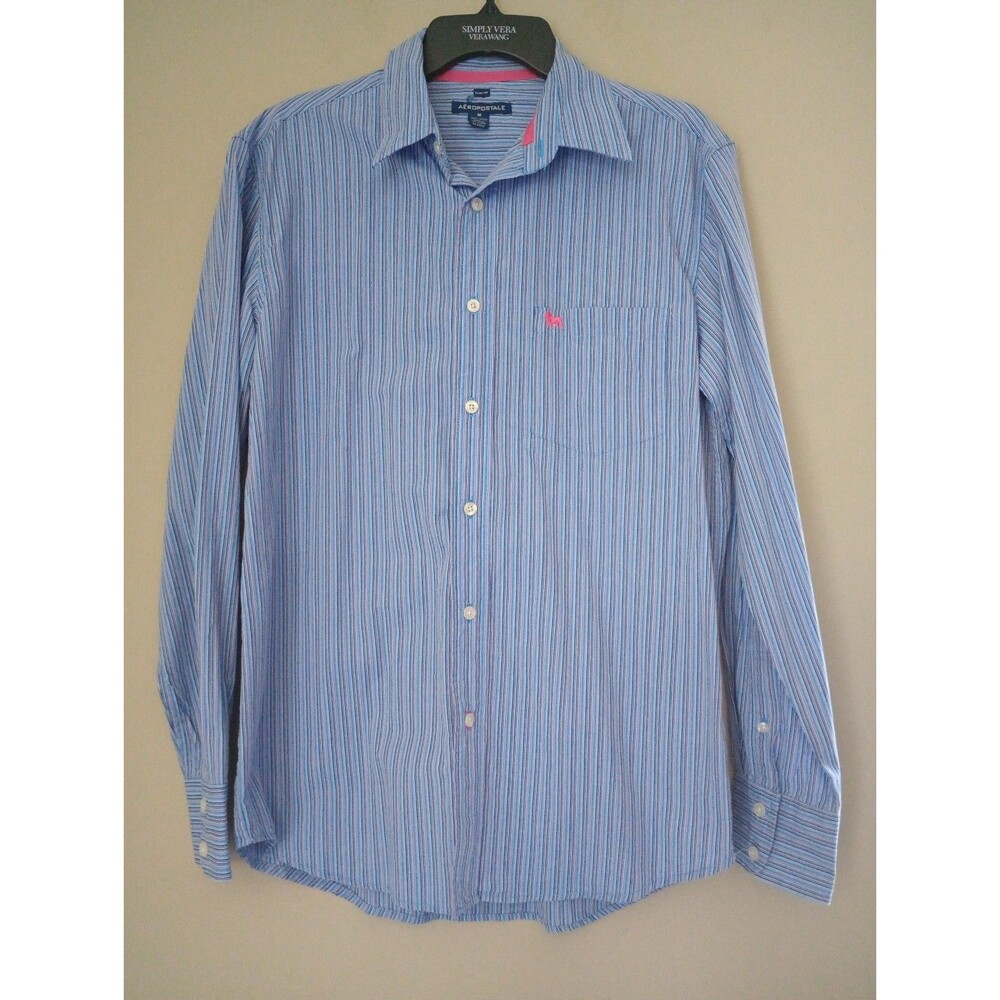 Aeropostale Y2K Blue Striped Button-Front 100% Cotton Long Sleeve Shirt Size M